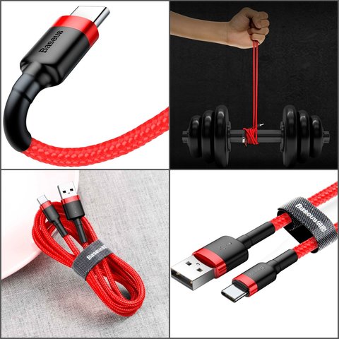USB Cable Baseus Cafule, (USB type-A, USB type C, 300 cm, 2 A, red, nylon braided) #CATKLF-U09 Preview 2