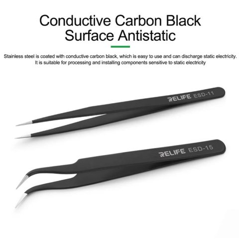 Pinzas para smd RELIFE ESD-15, curvada, antiestática, 120 mm, negro Vista previa  2