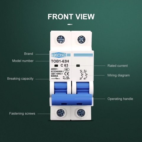Автоматичний вимикач змінного струму TOMZN TOB1-63H-C16, 2P, 230-400В, 16A Прев'ю 4